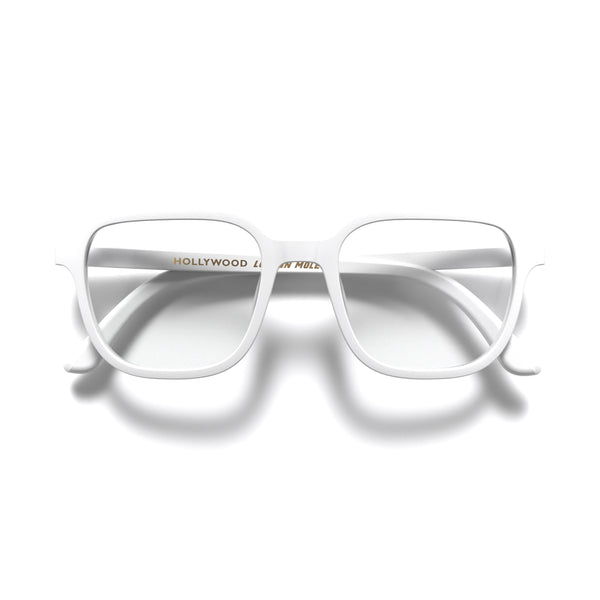 Front - Hollywood Reading Glasses in matt white featuring a soft circle frame and provide crystal clear vision. Available in a + 1, 1.5, 2, 2.5, 3 prescriptions.