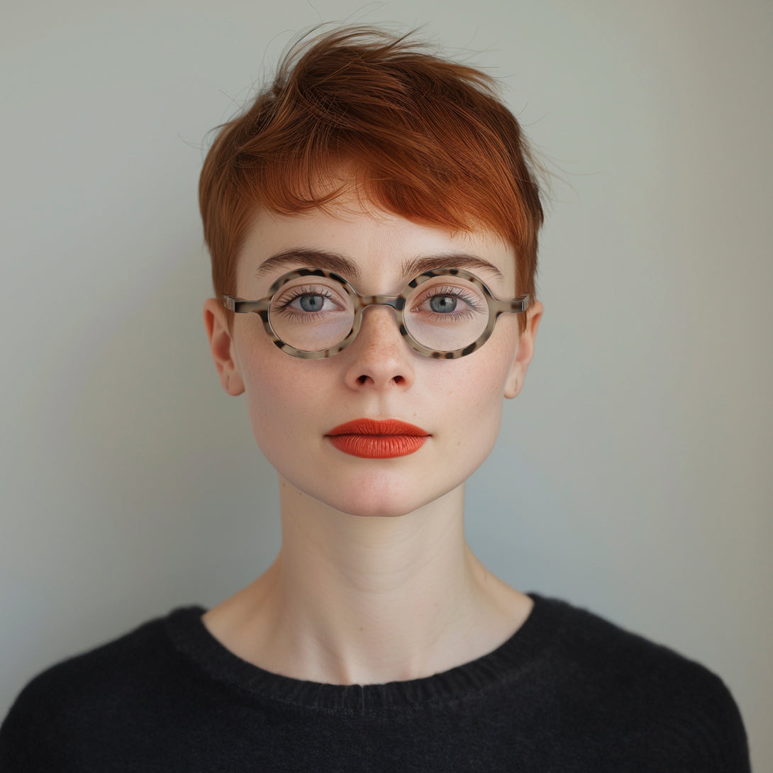 Female model -Moley Reading Glasses in gloss tortoiseshell featuring an eccentrically round frame and provide crystal clear vision. Available in a + 1, 1.5, 2, 2.5, 3 prescriptions.