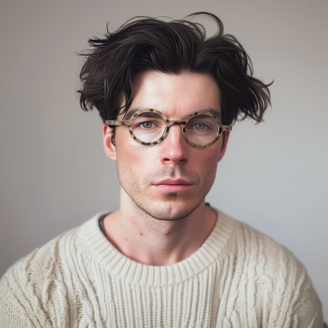 Male model - Moley Blue Blocker Glasses in gloss tortoiseshell featuring an eccentrically round frame and the ability to protect your eyes from artificial blue light. Ideal for fashion accessories, screen time, office work, gaming, scrolling on a mobile, and watching TV. 