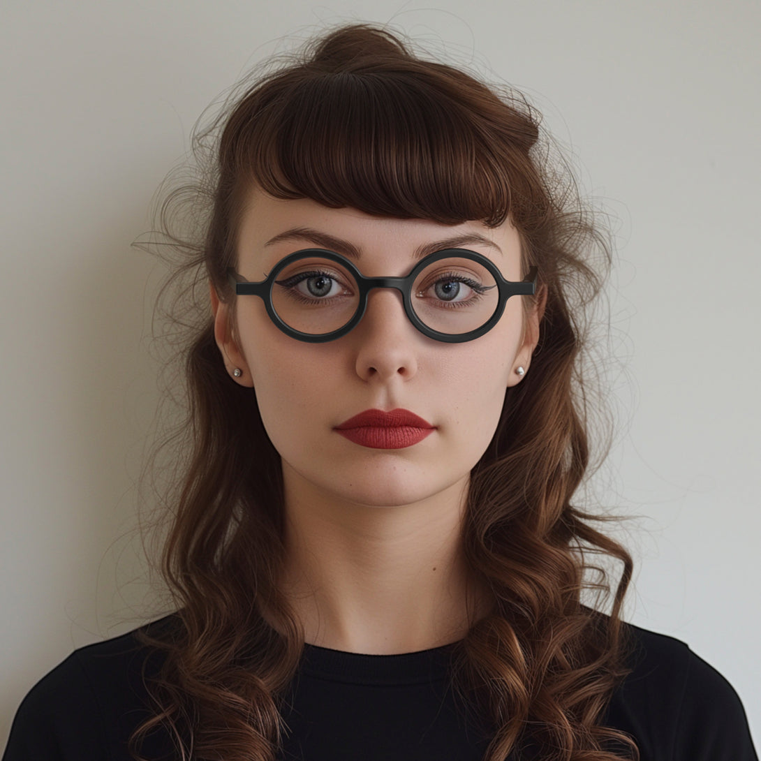 Female model - Moley Reading Glasses in matt black featuring an eccentrically round frame and provide crystal clear vision. Available in a + 1, 1.5, 2, 2.5, 3 prescriptions.