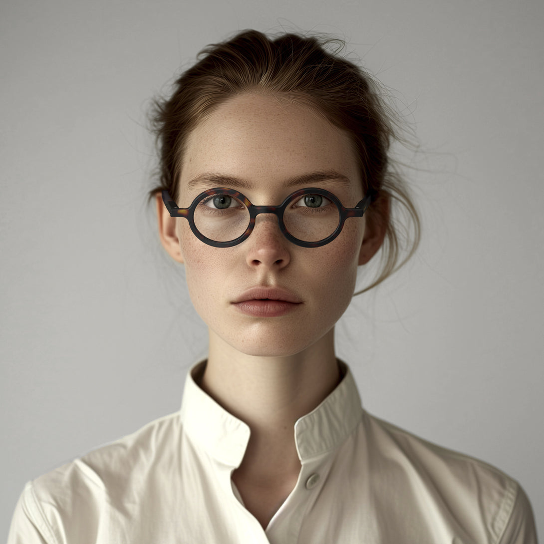 Female model - Moley Reading Glasses in matt tortoiseshell featuring an eccentrically round frame and provide crystal clear vision. Available in a + 1, 1.5, 2, 2.5, 3 prescriptions.