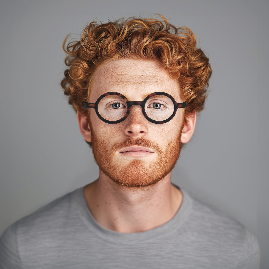Male model - Moley Reading Glasses in matt tortoiseshell featuring an eccentrically round frame and provide crystal clear vision. Available in a + 1, 1.5, 2, 2.5, 3 prescriptions.
