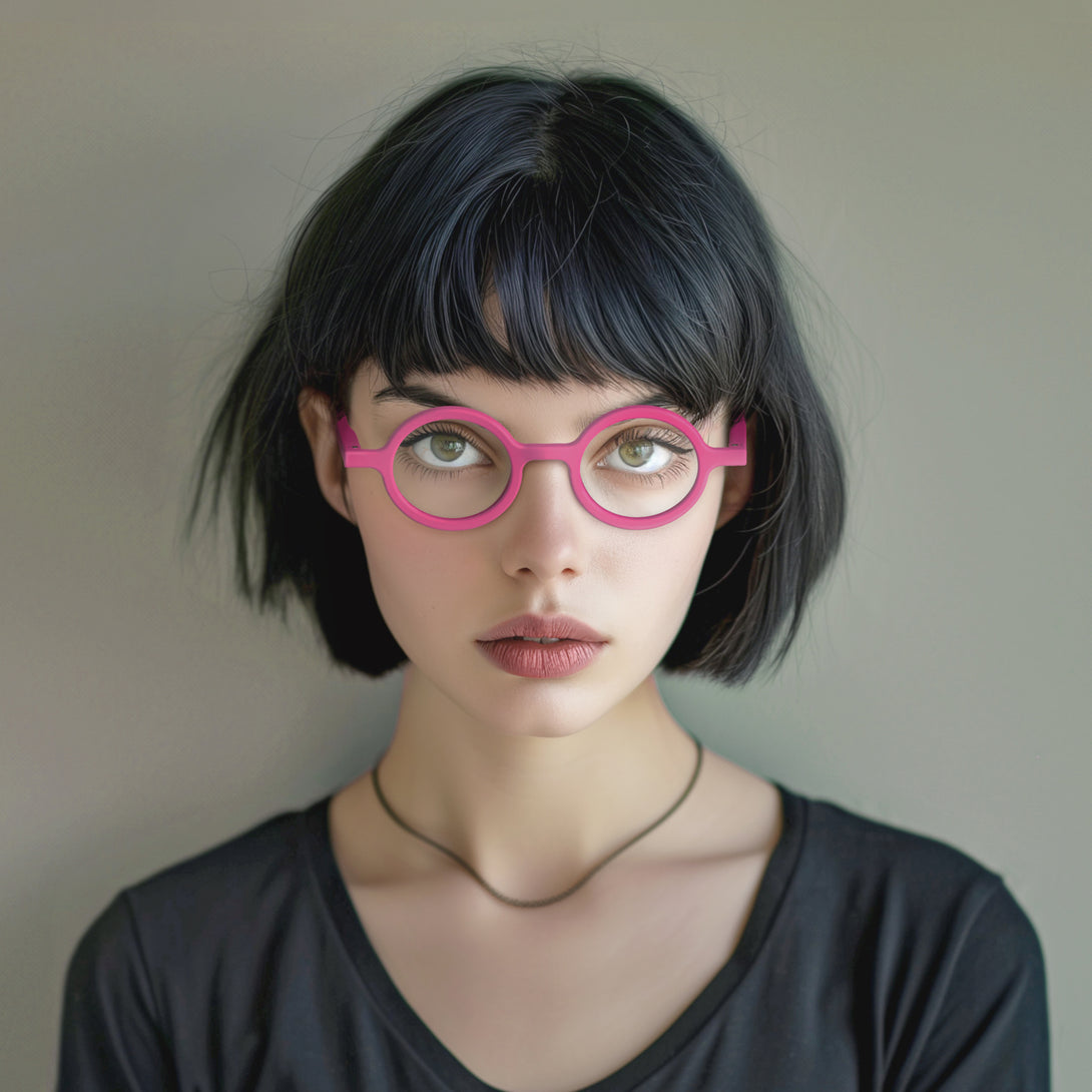 Female model -Moley Blue Blocker Glasses in matt pink featuring an eccentrically round frame and the ability to protect your eyes from artificial blue light. Ideal for fashion accessories, screen time, office work, gaming, scrolling on a mobile, and watching TV. 