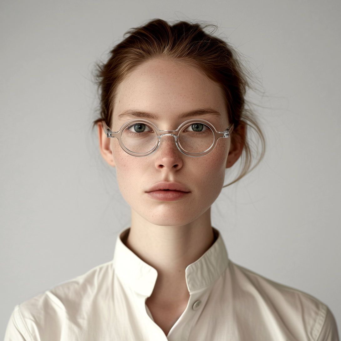 Female model - Moley Reading Glasses featuring an eccentrically round, transparent frame and provide crystal clear vision. Available in a + 1, 1.5, 2, 2.5, 3 prescriptions.