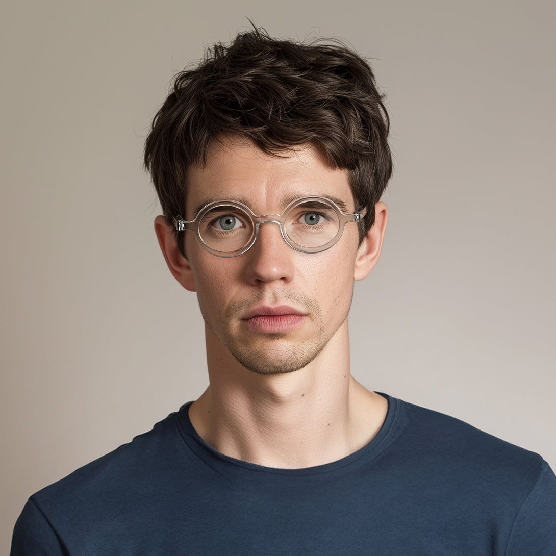 Male model - Moley Reading Glasses featuring an eccentrically round, transparent frame and provide crystal clear vision. Available in a + 1, 1.5, 2, 2.5, 3 prescriptions.