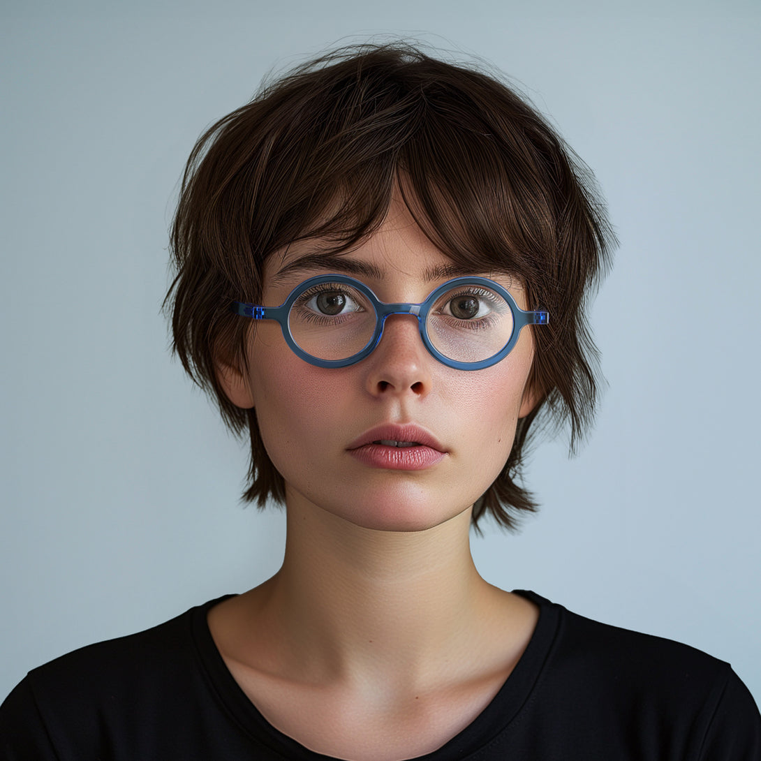 Female model - Moley Blue Blocker Glasses in transparent blue featuring an eccentrically round frame and the ability to protect your eyes from artificial blue light. Ideal for fashion accessories, screen time, office work, gaming, scrolling on a mobile, and watching TV. 