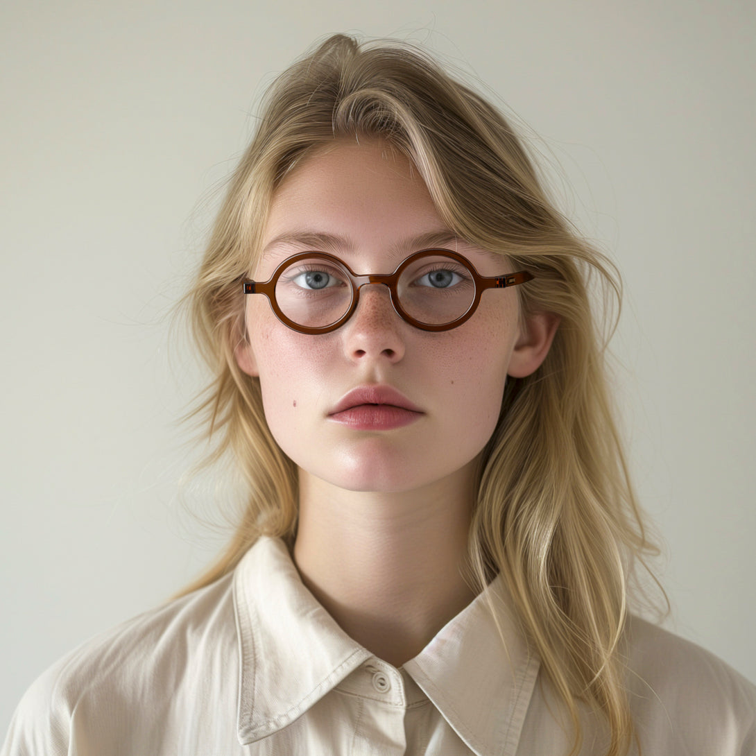 Female model - Moley Reading Glasses in transparent brown featuring an eccentrically round frame and provide crystal clear vision. Available in a + 1, 1.5, 2, 2.5, 3 prescriptions.