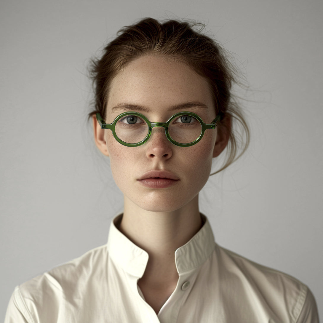 Female model - Moley Reading Glasses in transparent green featuring an eccentrically round frame and provide crystal clear vision. Available in a + 1, 1.5, 2, 2.5, 3 prescriptions.