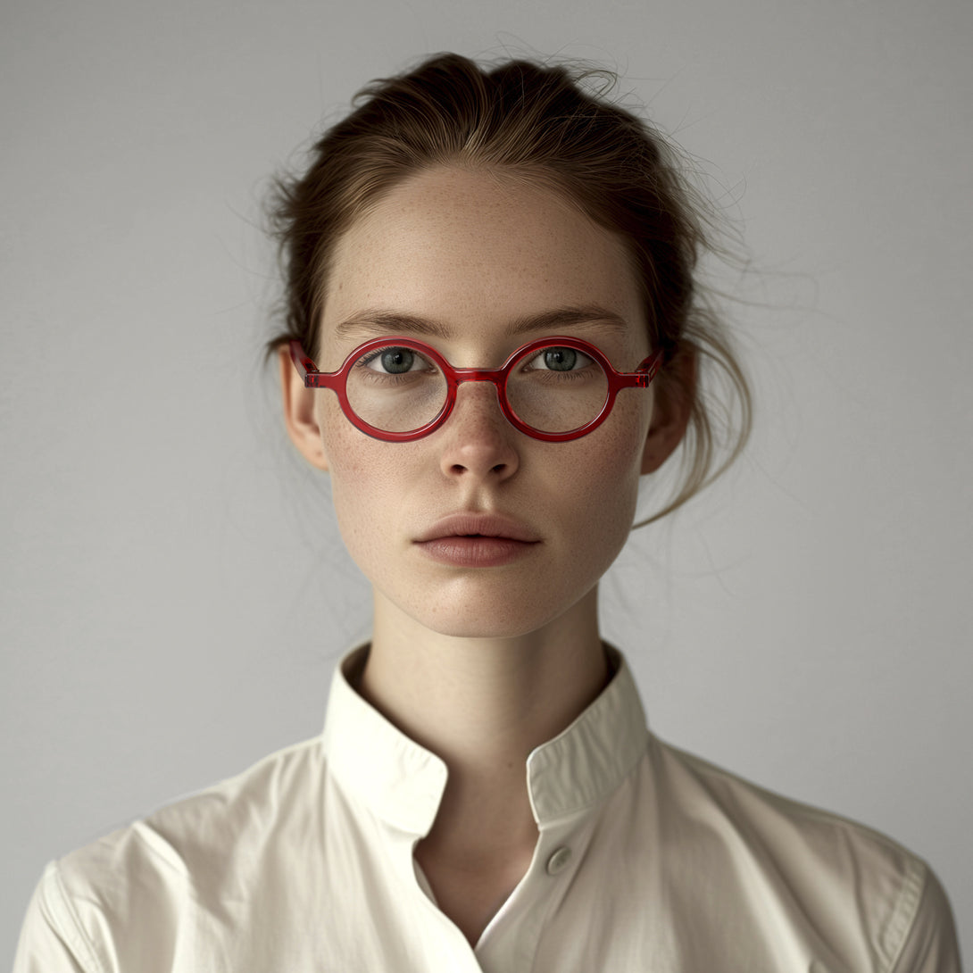 Female model - Moley Blue Blocker Glasses in transparent red featuring an eccentrically round frame and the ability to protect your eyes from artificial blue light. Ideal for fashion accessories, screen time, office work, gaming, scrolling on a mobile, and watching TV. 