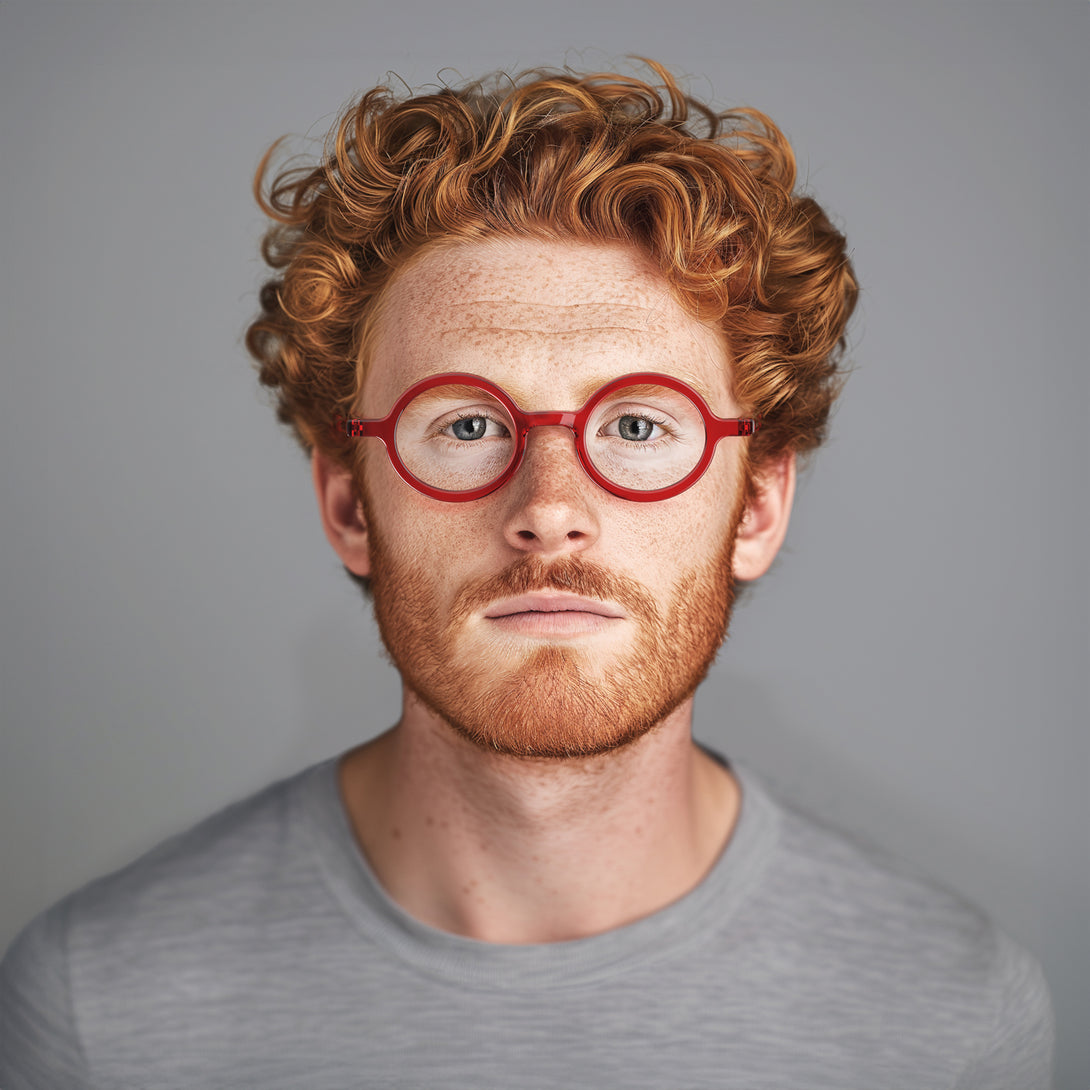 Male model - Moley Reading Glasses in transparent red featuring an eccentrically round frame and provide crystal clear vision. Available in a + 1, 1.5, 2, 2.5, 3 prescriptions.