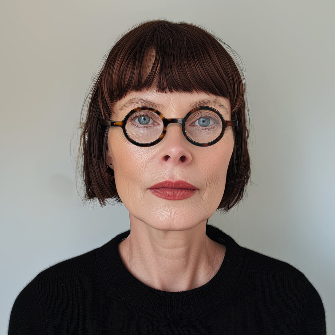 Female model - Moley Reading Glasses in tortoisehsell featuring an eccentrically round frame and provide crystal clear vision. Available in a + 1, 1.5, 2, 2.5, 3 prescriptions.