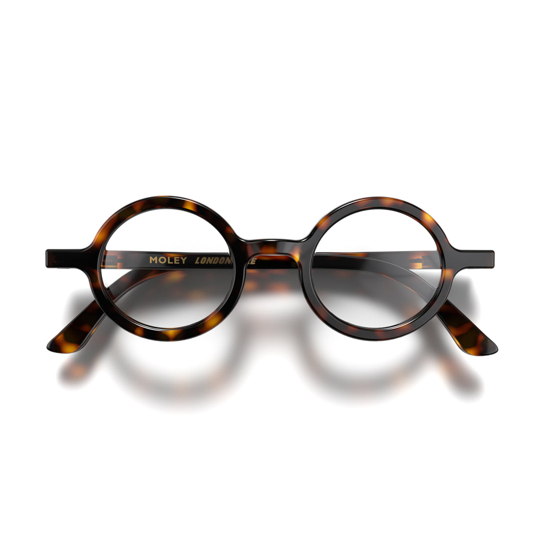 Front - Moley Blue Blocker Glasses in gloss tortoisehsell featuring an eccentrically round frame and the ability to protect your eyes from artificial blue light. Ideal for fashion accessories, screen time, office work, gaming, scrolling on a mobile, and watching TV. 