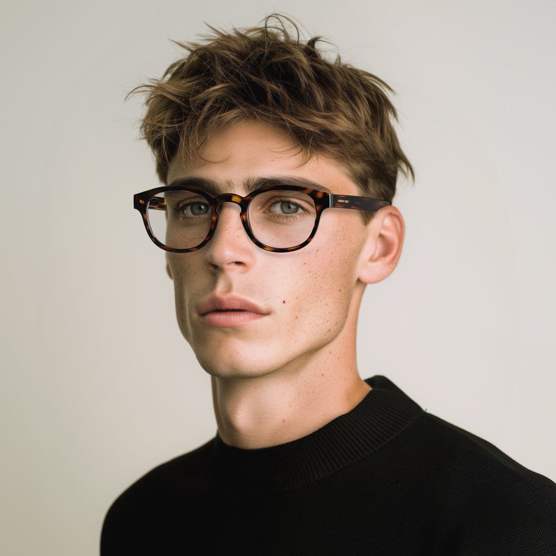 Male model - Monalux Blue Blocker Glasses in gloss tortoiseshell featuring a the classic Oxford, rounded frame and the ability to protect your eyes from artificial blue light. Ideal for fashion accessories, screen time, office work, gaming, scrolling on a mobile, and watching TV. 