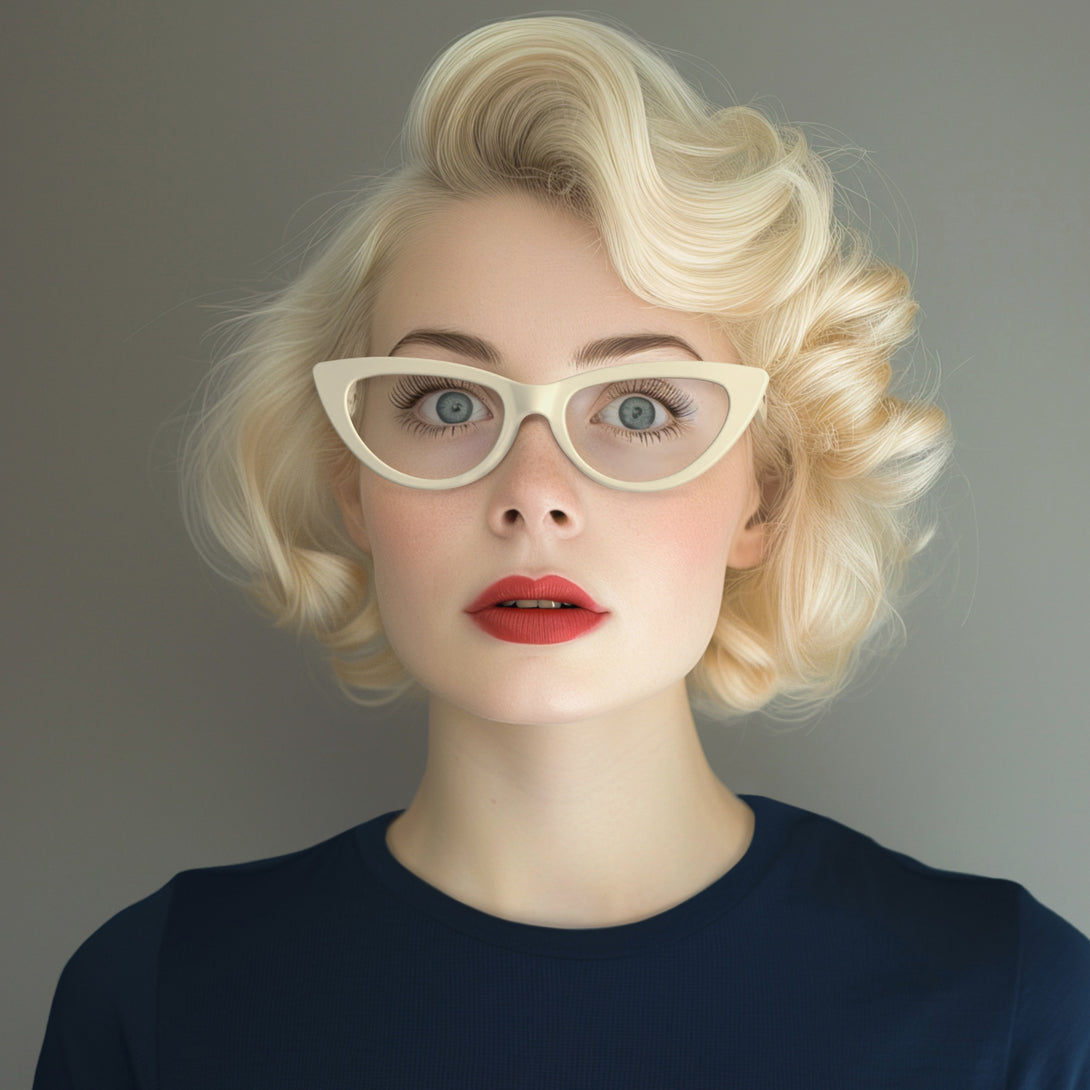 Female model - Naughty Reading Glasses in gloss cream featuring a classic cat-eye frame and provide crystal clear vision. Available in a + 1, 1.5, 2, 2.5, 3 prescriptions.