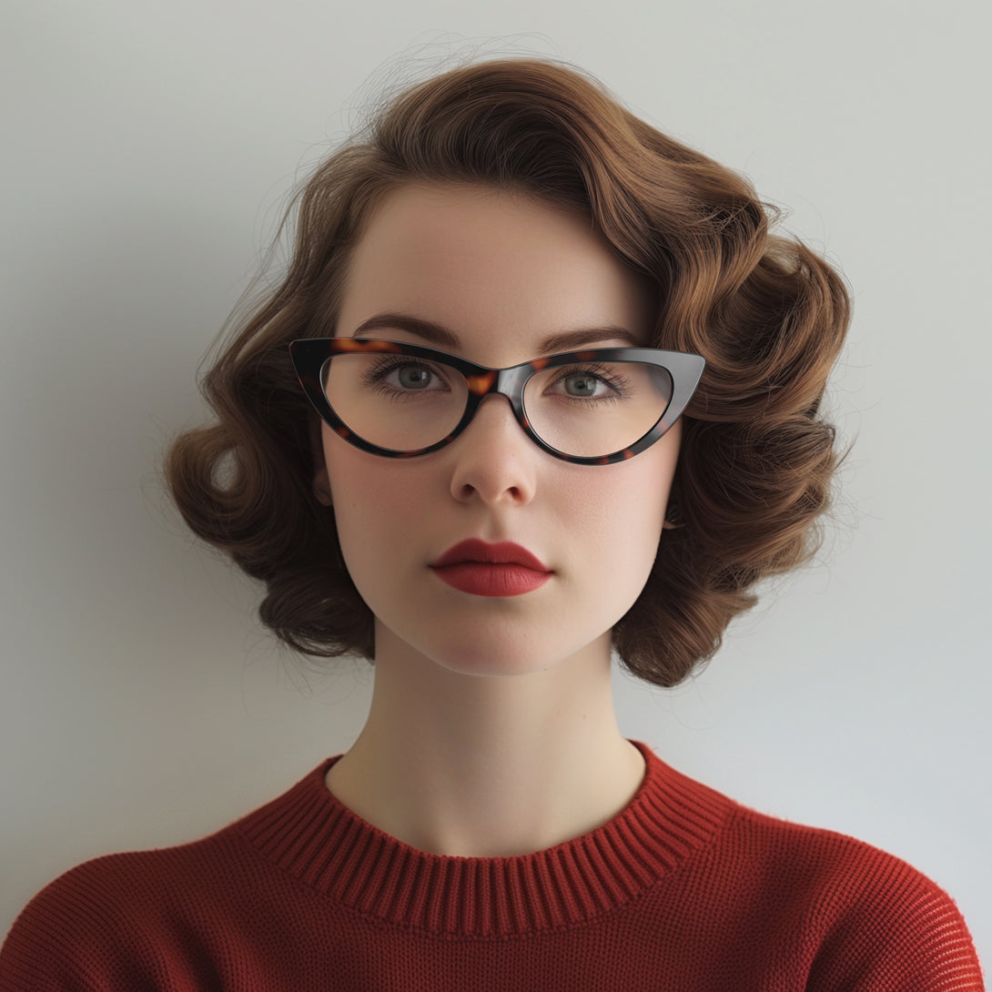 Female model - Naughty Blue Blocker Glasses in tortoiseshell featuring a classic cat-eye frame and the ability to protect your eyes from artificial blue light. Ideal for fashion accessories, screen time, office work, gaming, scrolling on a mobile, and watching TV. 