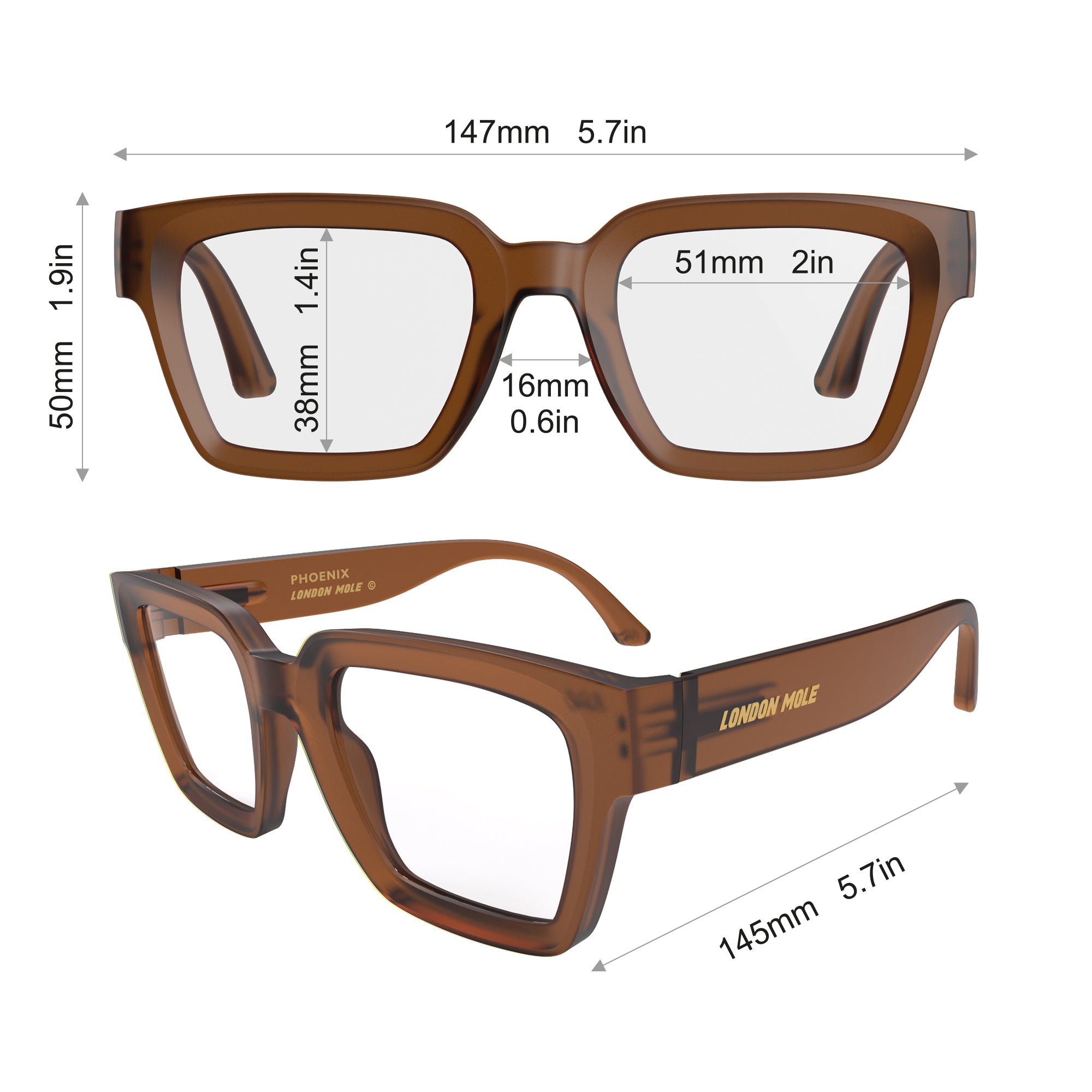 Phoenix reading glasses in rubberised transparent brown – London Mole