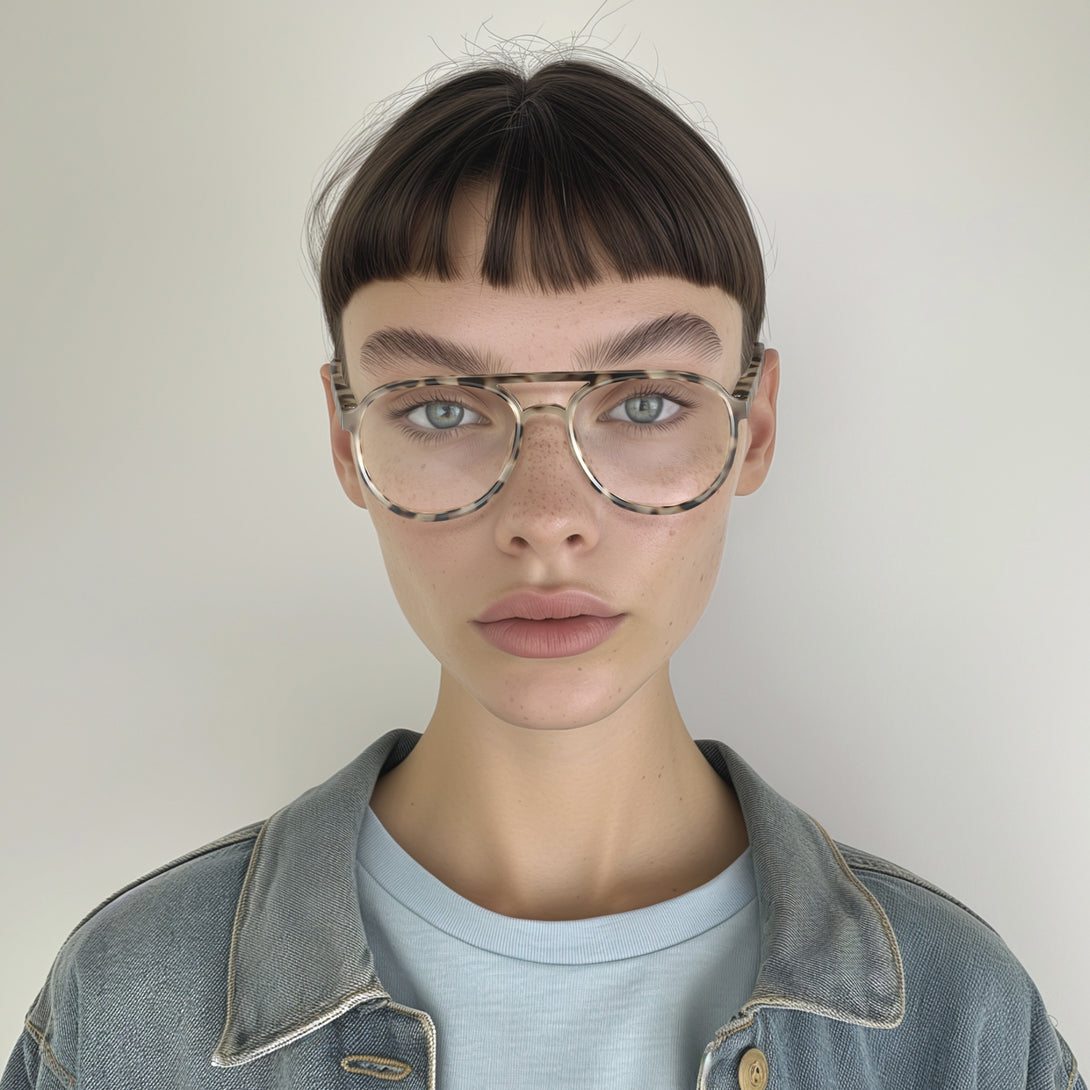 Female model - Pilot Reading Glasses in pale tortoiseshell featuring the staple aviator frame and provide crystal clear vision. Available in a + 1, 1.5, 2, 2.5, 3 prescriptions.
