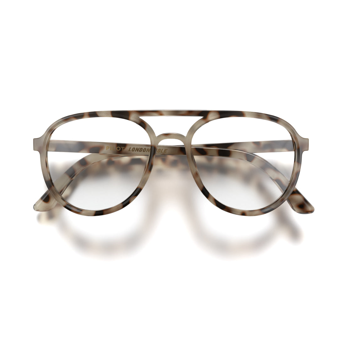 Front - Pilot Reading Glasses in pale tortoiseshell featuring the staple aviator frame and provide crystal clear vision. Available in a + 1, 1.5, 2, 2.5, 3 prescriptions.