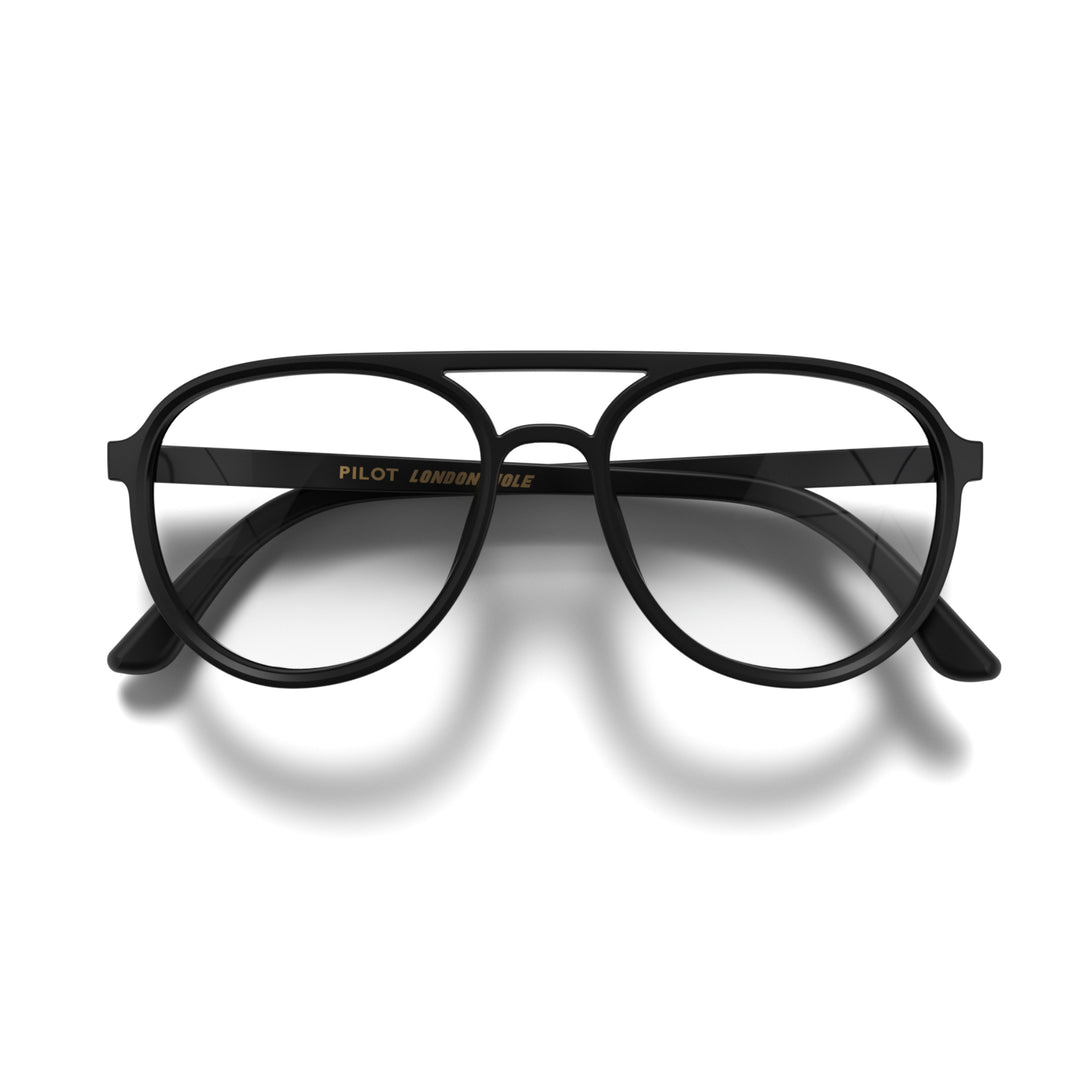Front - Pilot Reading Glasses in matt black featuring the staple aviator frame and provide crystal clear vision. Available in a + 1, 1.5, 2, 2.5, 3 prescriptions.