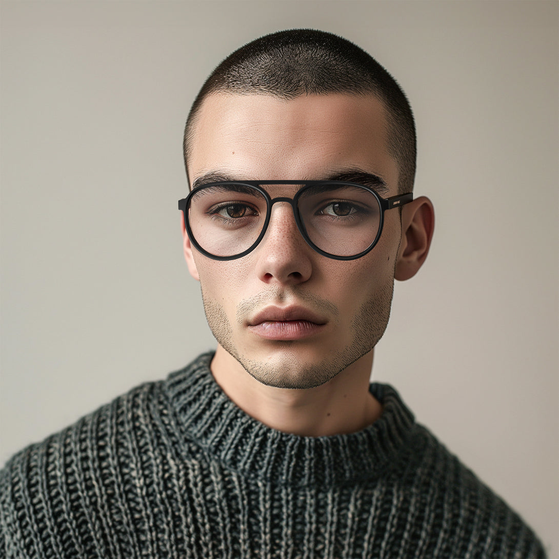 Male model - Pilot Reading Glasses in matt black featuring the staple aviator frame and provide crystal clear vision. Available in a + 1, 1.5, 2, 2.5, 3 prescriptions.