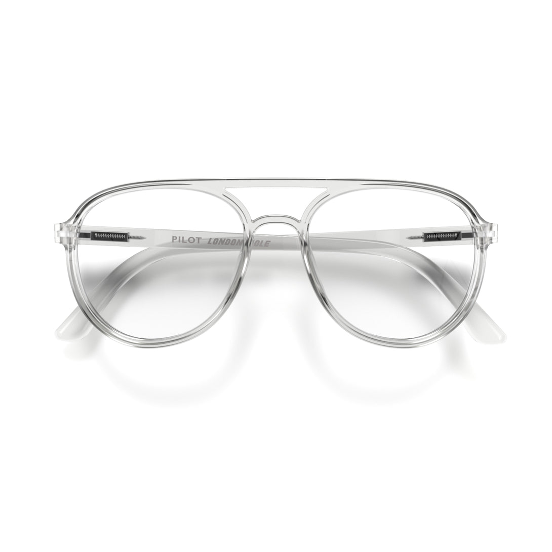 Front - Pilot Reading Glasses in transparent featuring the staple aviator frame and provide crystal clear vision. Available in a + 1, 1.5, 2, 2.5, 3 prescriptions.