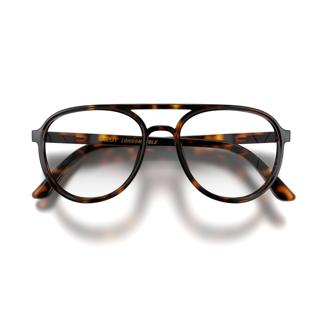 Front - Pilot Reading Glasses in gloss tortoiseshell featuring the staple aviator frame and provide crystal clear vision. Available in a + 1, 1.5, 2, 2.5, 3 prescriptions.