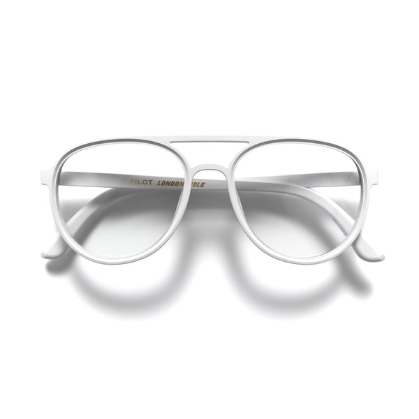 Front - Pilot Reading Glasses in matt white featuring the staple aviator frame and provide crystal clear vision. Available in a + 1, 1.5, 2, 2.5, 3 prescriptions.