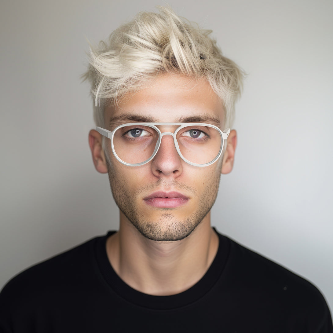 Male model - Pilot Reading Glasses in matt white featuring the staple aviator frame and provide crystal clear vision. Available in a + 1, 1.5, 2, 2.5, 3 prescriptions.