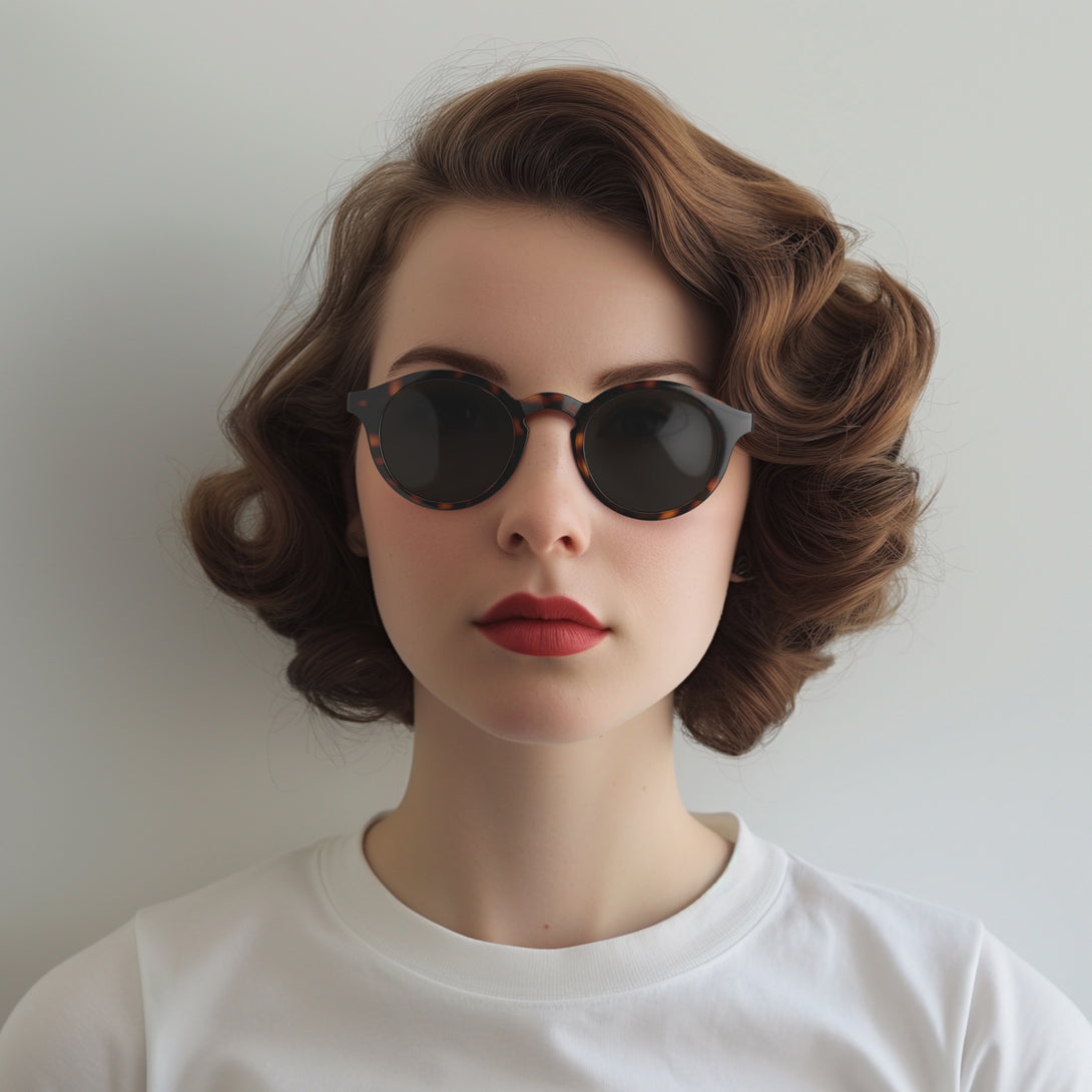 Female model - Graduate sunglasses in gloss tortoiseshell featuring a soft circle frame and black UV400 lenses. The finishing touch to every outfit while protecting your eyes. 