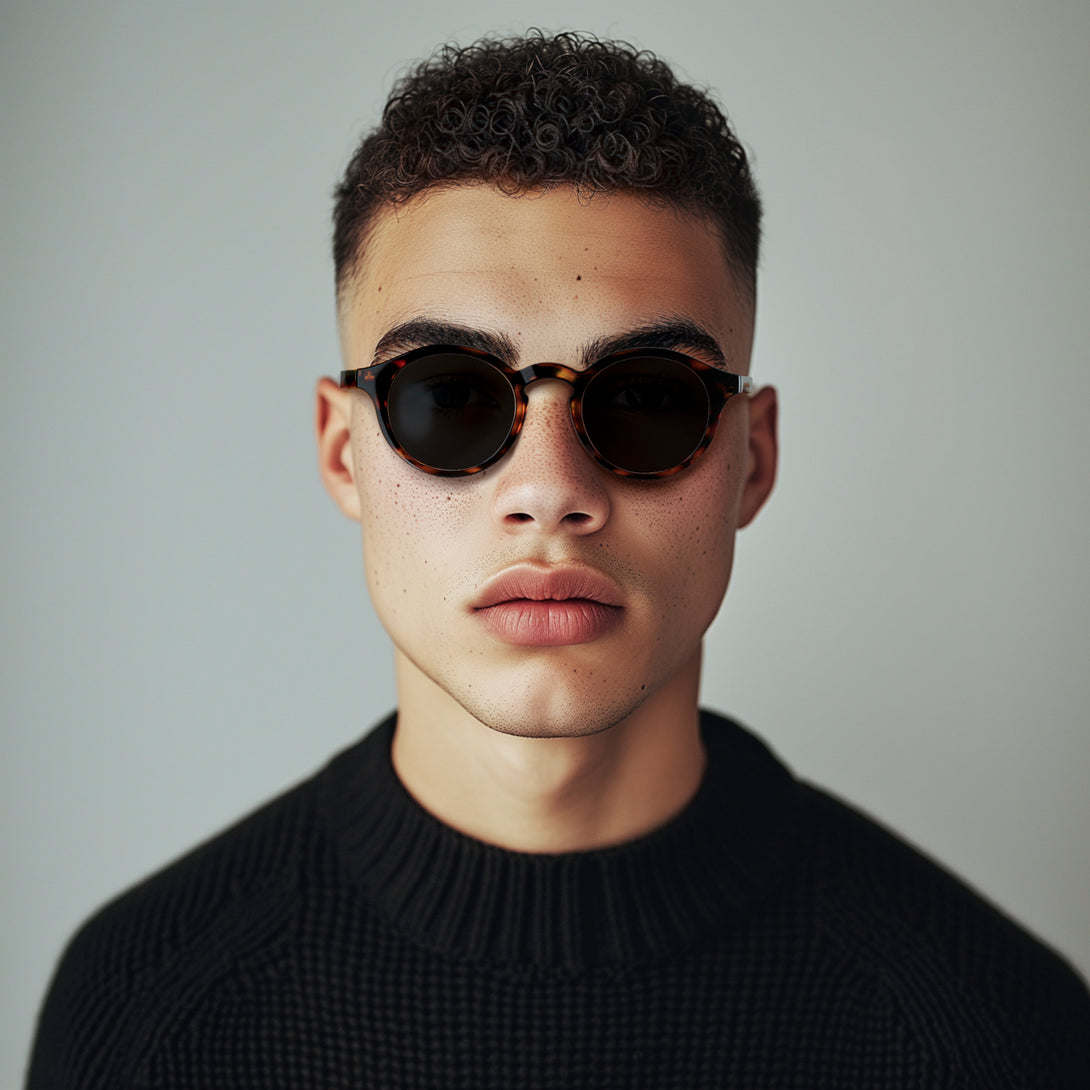 Male model - Graduate sunglasses in gloss tortoiseshell featuring a soft circle frame and black UV400 lenses. The finishing touch to every outfit while protecting your eyes. 