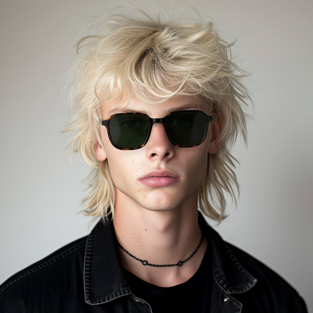 Male model - Hollywood sunglasses in matt tortoiseshell featuring an oversized, iconic panto frame and green UV400 lenses. The finishing touch to every outfit while protecting your eyes. 