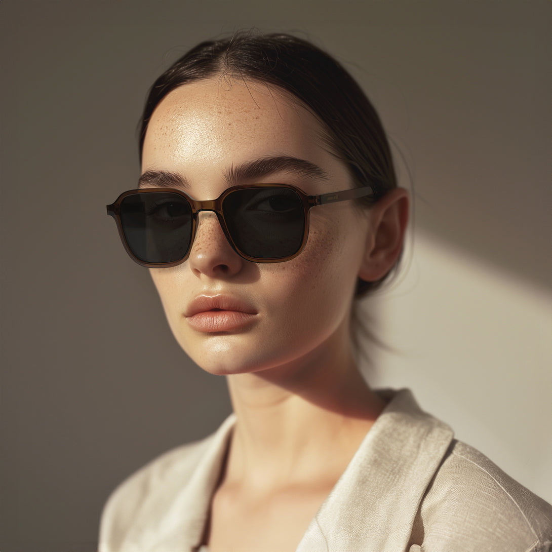 Female model - Hollywood sunglasses in transparent brown featuring an oversized, iconic panto frame and black UV400 lenses. The finishing touch to every outfit while protecting your eyes. 