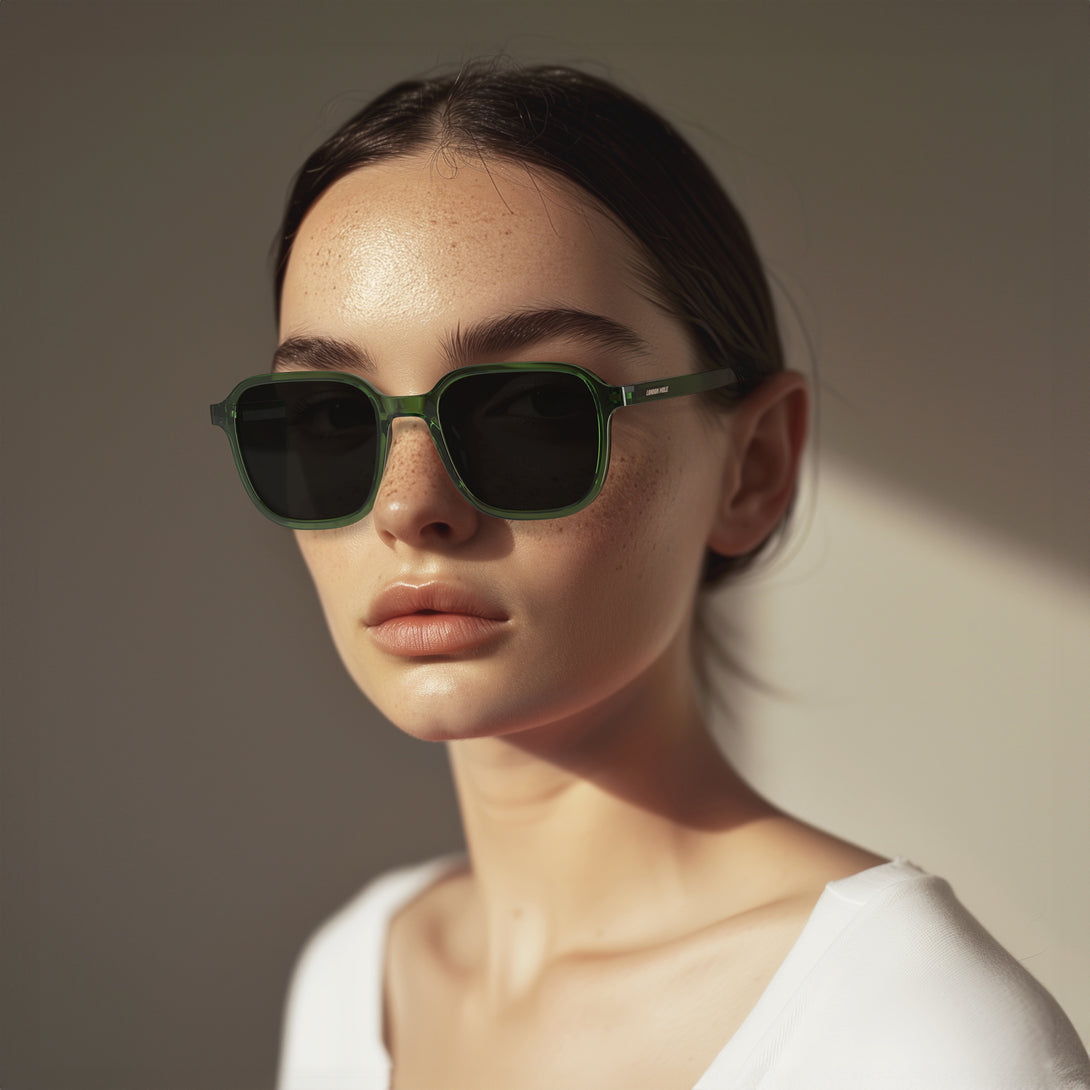 Female model - Hollywood sunglasses in transparent green featuring an oversized, iconic panto frame and black UV400 lenses. The finishing touch to every outfit while protecting your eyes. 