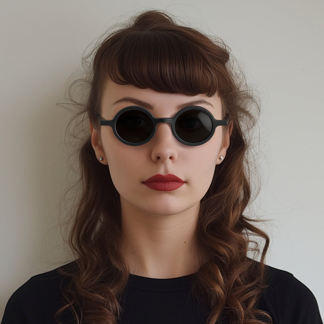Female model - Moly sunglasses matt black featuring an eccentrically round frame and black UV400 lenses. The perfect accessory.