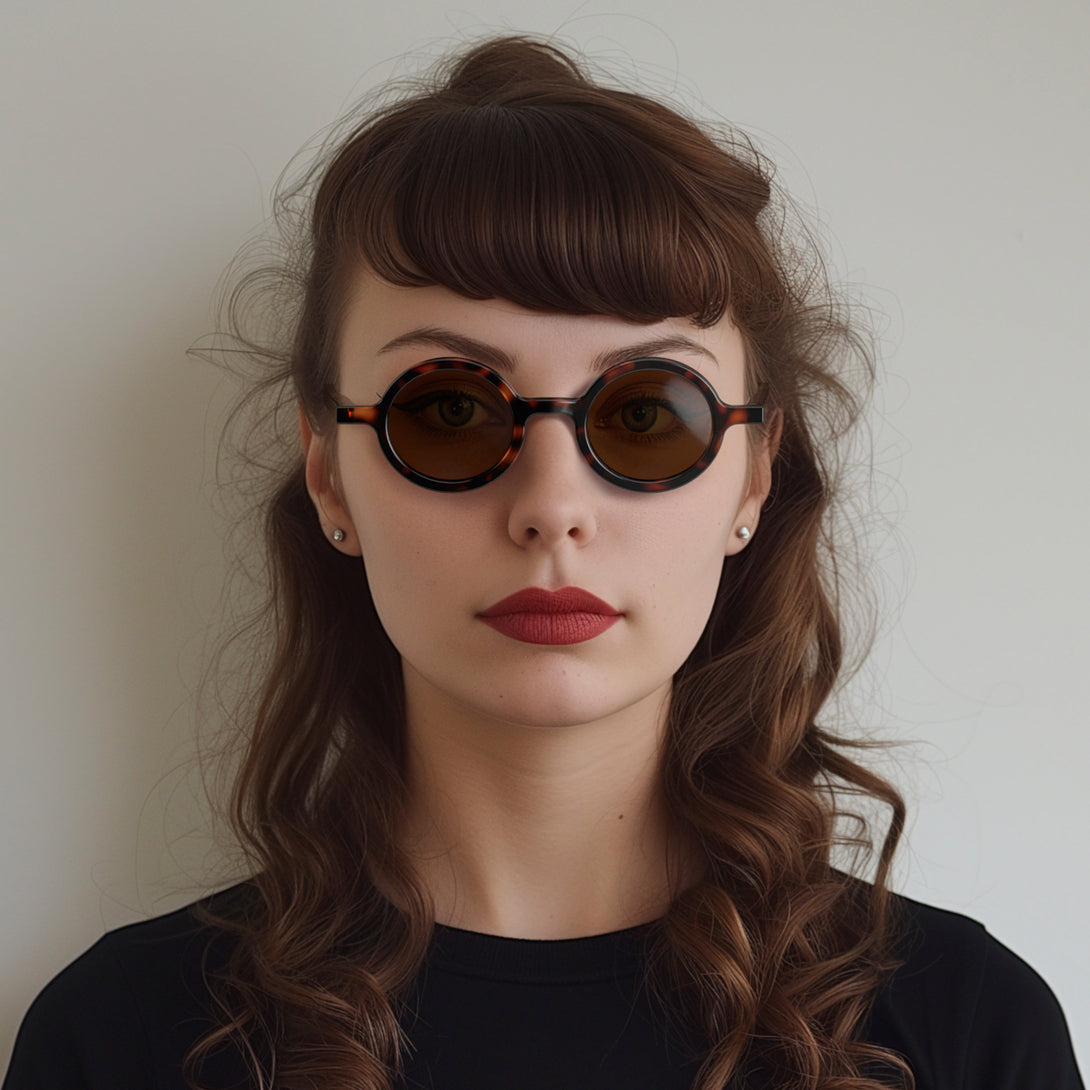 Female model - Moly sunglasses in gloss tortoiseshell featuring an eccentrically round frame and brown UV400 lenses. The perfect accessory.