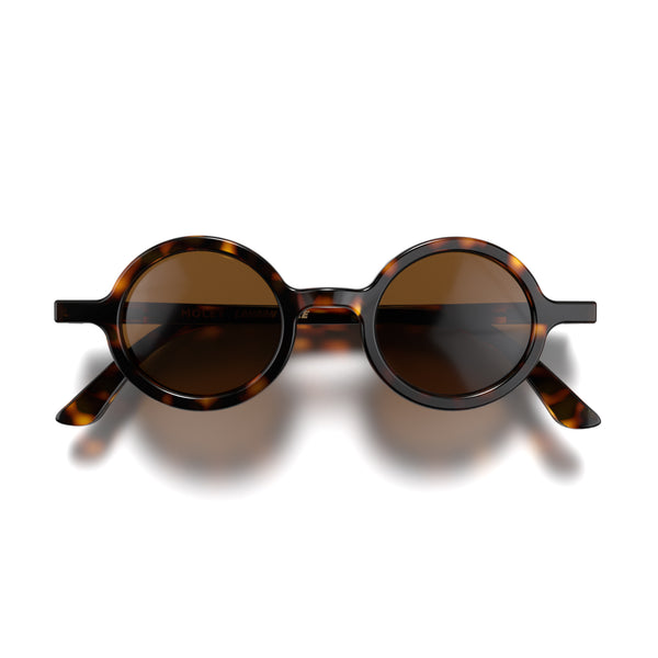 Front - Moly sunglasses in gloss tortoiseshell featuring an eccentrically round frame and brown UV400 lenses. The perfect accessory.