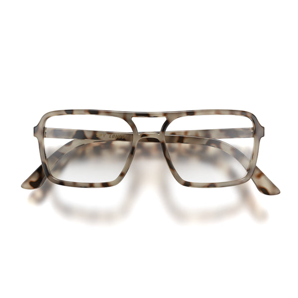 Spy blue blocker glasses in pale tortoiseshell