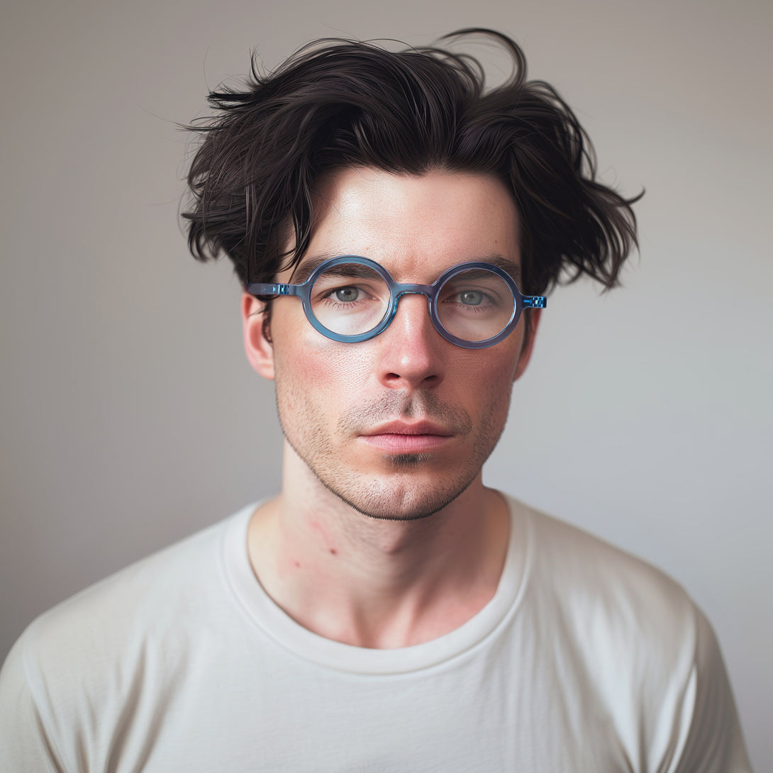 Male model - Moley Blue Blocker Glasses in transparent blue featuring an eccentrically round frame and the ability to protect your eyes from artificial blue light. Ideal for fashion accessories, screen time, office work, gaming, scrolling on a mobile, and watching TV. 