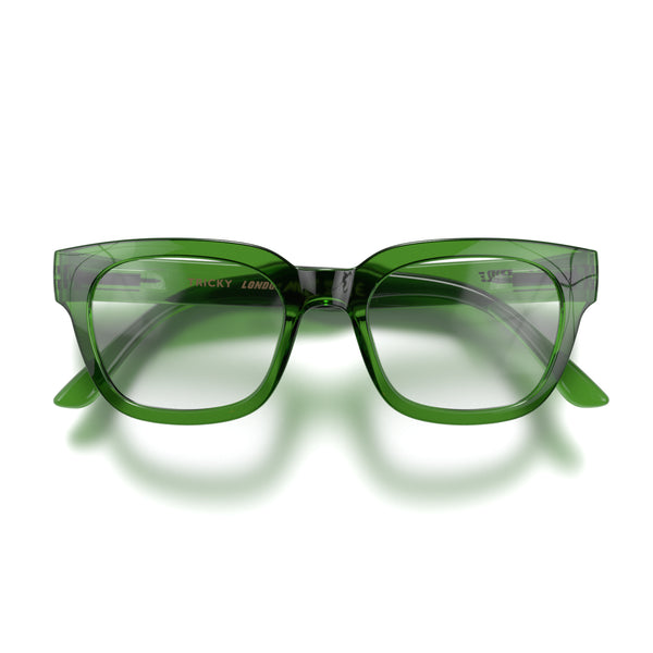 Tricky reading glasses in transparent green