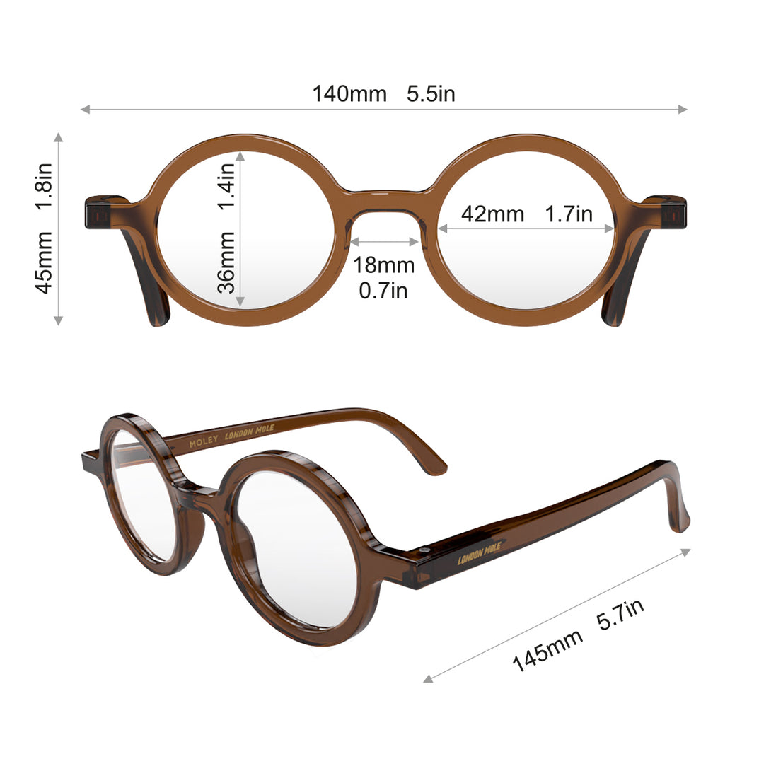 Dimensions - Moley Reading Glasses in transparent brown featuring an eccentrically round frame and provide crystal clear vision. Available in a + 1, 1.5, 2, 2.5, 3 prescriptions.