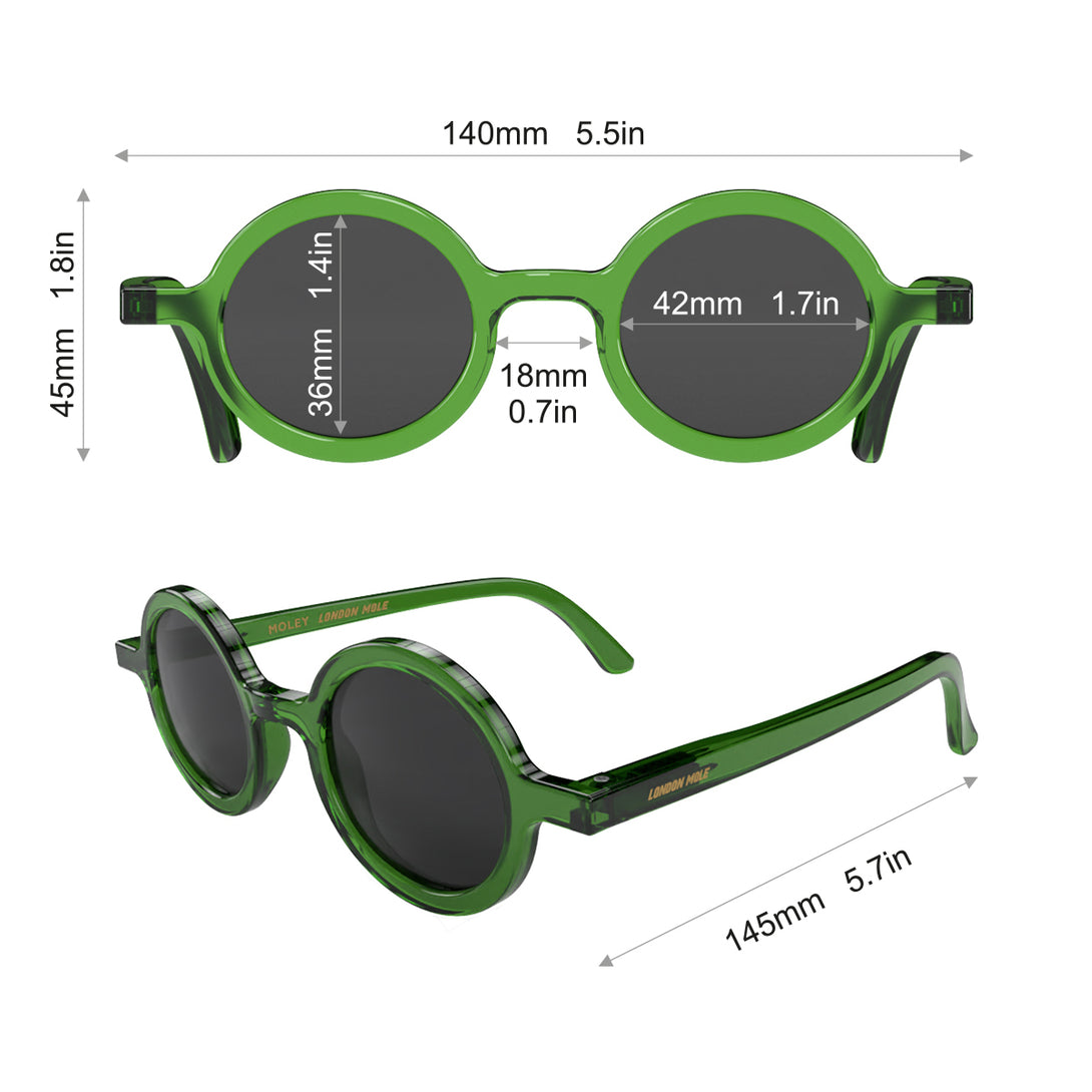 Dimensions - Moly sunglasses transparent green featuring an eccentrically round frame and black UV400 lenses. The perfect accessory.