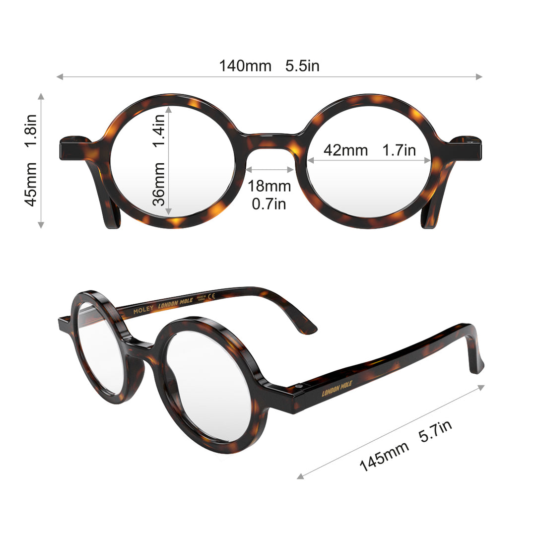 Dimensions - Moley Reading Glasses in tortoisehsell featuring an eccentrically round frame and provide crystal clear vision. Available in a + 1, 1.5, 2, 2.5, 3 prescriptions.