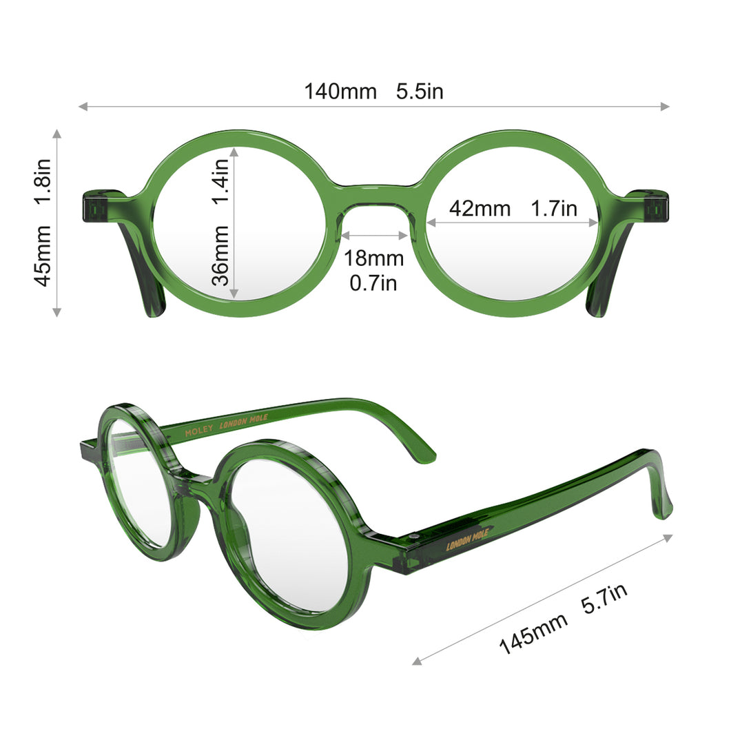Dimensions - Moley Reading Glasses in transparent green featuring an eccentrically round frame and provide crystal clear vision. Available in a + 1, 1.5, 2, 2.5, 3 prescriptions.