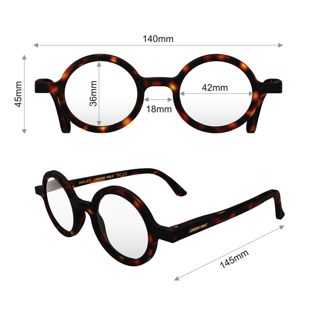 Dimensions - Moley Blue Blocker Glasses in gloss tortoisehsell featuring an eccentrically round frame and the ability to protect your eyes from artificial blue light. Ideal for fashion accessories, screen time, office work, gaming, scrolling on a mobile, and watching TV. 