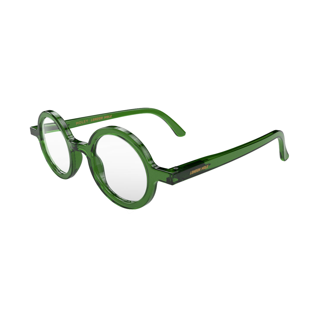 Open skew - Moley Blue Blocker Glasses in transparent green featuring an eccentrically round frame and the ability to protect your eyes from artificial blue light. Ideal for fashion accessories, screen time, office work, gaming, scrolling on a mobile, and watching TV. 