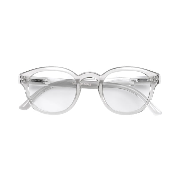 Front - Monalux Reading Glasses featuring a the classic Oxford, rounded, transparent frame and provide crystal clear vision. Available in a + 1, 1.5, 2, 2.5, 3 prescriptions.