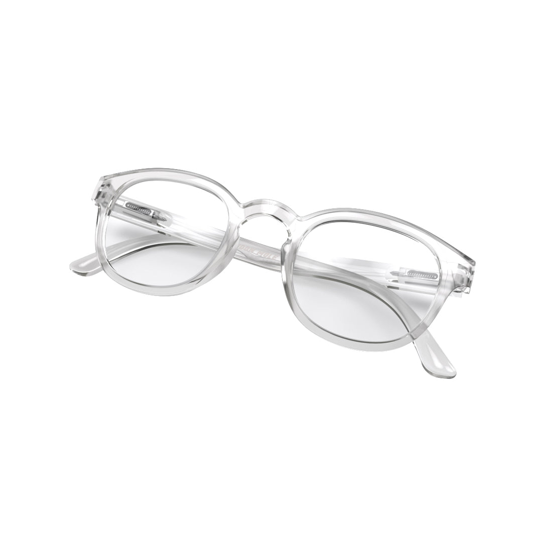 Folded skew - Monalux Blue Blocker Glasses featuring a the classic Oxford, rounded, transparent frame and the ability to protect your eyes from artificial blue light. Ideal for fashion accessories, screen time, office work, gaming, scrolling on a mobile, and watching TV. 