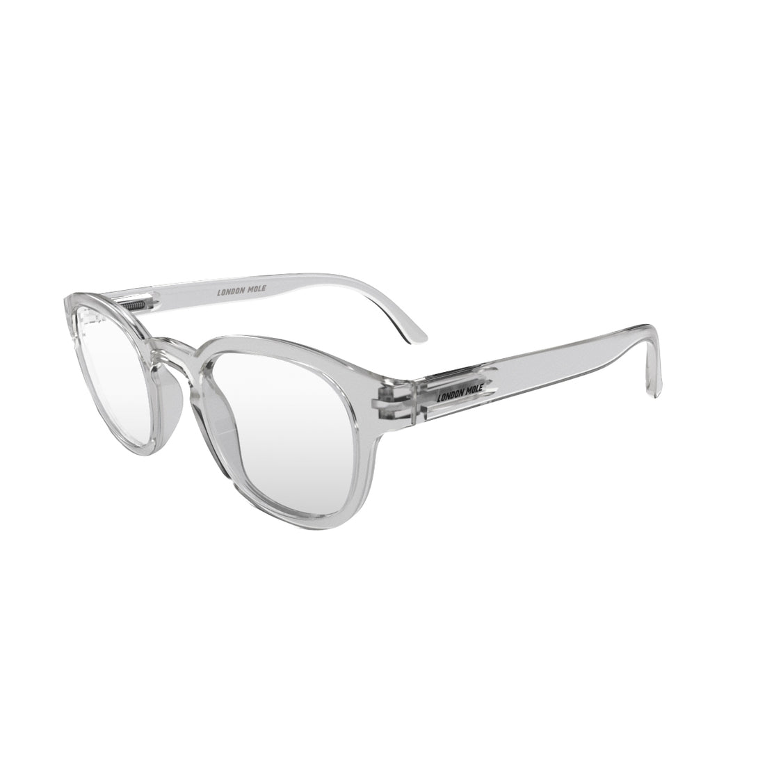 Open skew - Monalux Blue Blocker Glasses featuring a the classic Oxford, rounded, transparent frame and the ability to protect your eyes from artificial blue light. Ideal for fashion accessories, screen time, office work, gaming, scrolling on a mobile, and watching TV. 