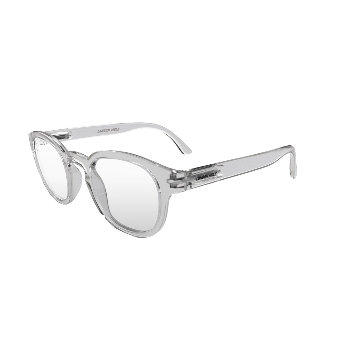 Open skew - Monalux Reading Glasses featuring a the classic Oxford, rounded, transparent frame and provide crystal clear vision. Available in a + 1, 1.5, 2, 2.5, 3 prescriptions.