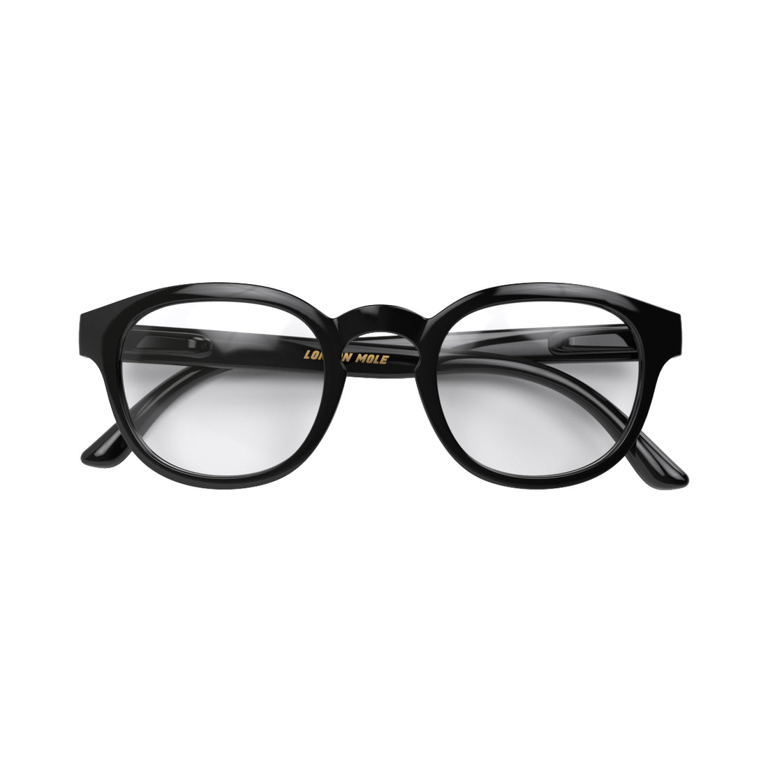 Front - Monalux Blue Blocker Glasses in gloss black featuring a the classic Oxford, rounded frame and the ability to protect your eyes from artificial blue light. Ideal for fashion accessories, screen time, office work, gaming, scrolling on a mobile, and watching TV. 